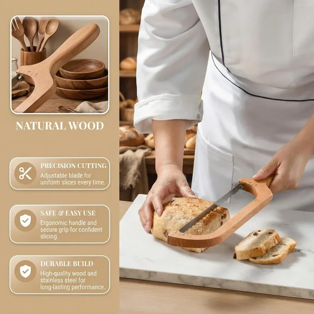 360 Rotating Wooden Bread Knife Serrated Bow Slicer Left Right Handed Beechwood